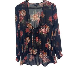 Express Blouse Womens S Dark Floral Black Sheer Gothic Deep‎ V Neck High Low Hem